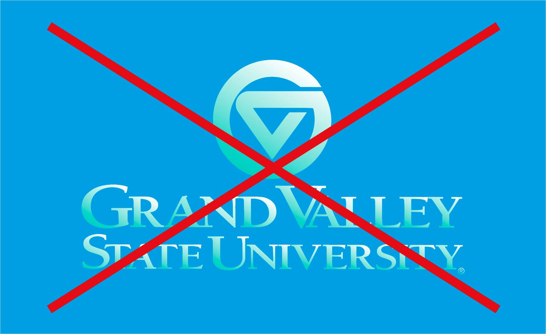 A Grand Valley logo with a teal and white gradient applied to it, overlaid by a red X.
